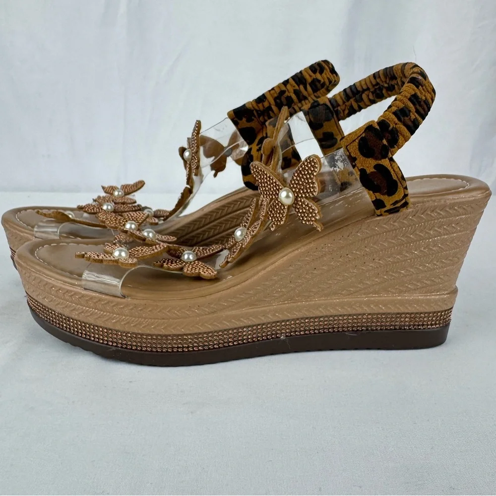 TEMU Branded Tan Wedges with Butterfly Straps